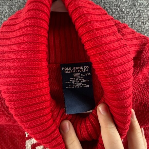 Ralph Lauren Polo Jeans Women Flag Sweater Red XL Turtleneck Knit Pullover USA - Picture 13 of 16